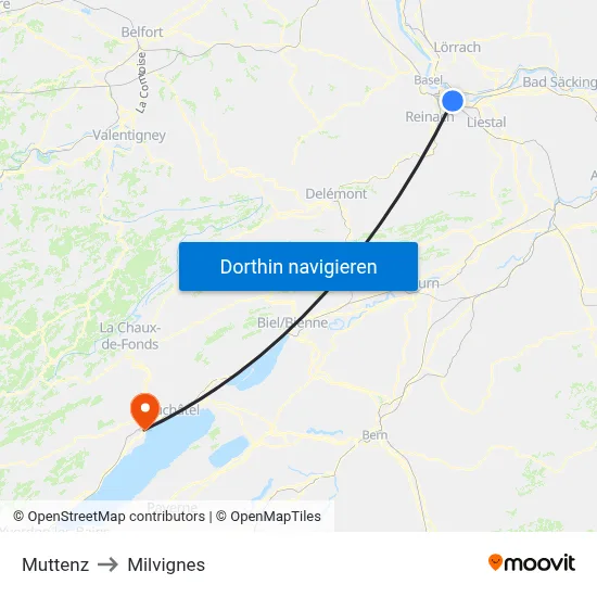 Muttenz to Milvignes map