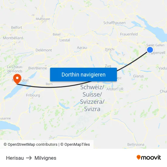 Herisau to Milvignes map