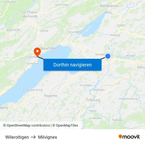 Wileroltigen to Milvignes map