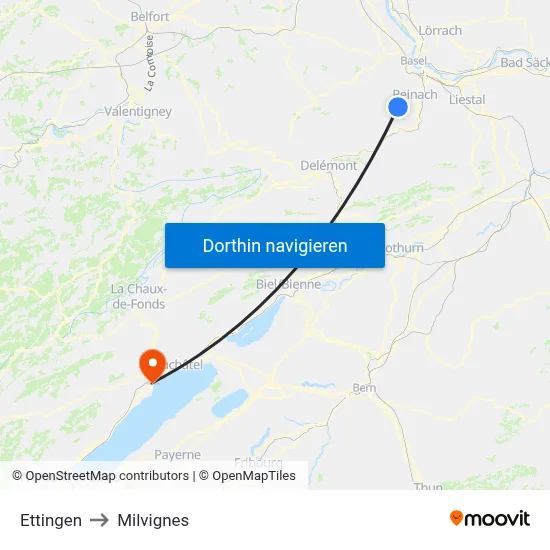 Ettingen to Milvignes map