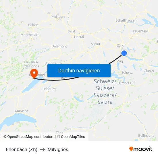Erlenbach (Zh) to Milvignes map