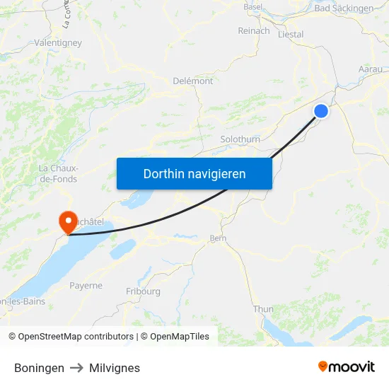 Boningen to Milvignes map
