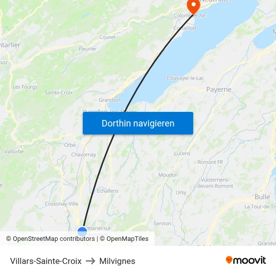 Villars-Sainte-Croix to Milvignes map