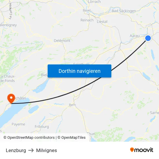 Lenzburg to Milvignes map
