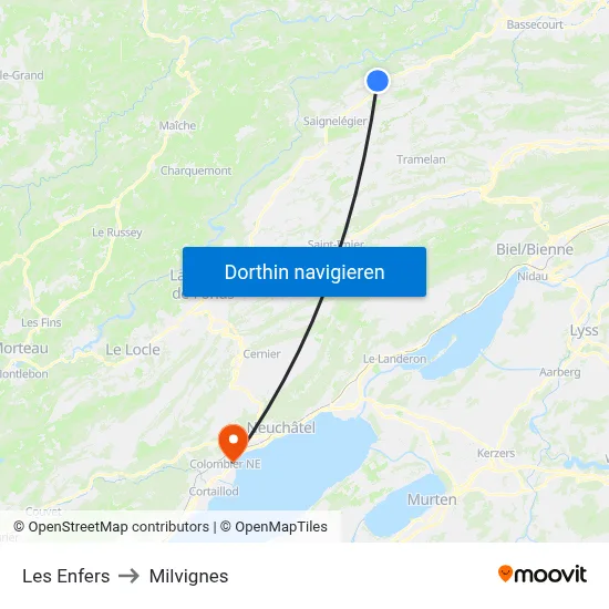 Les Enfers to Milvignes map