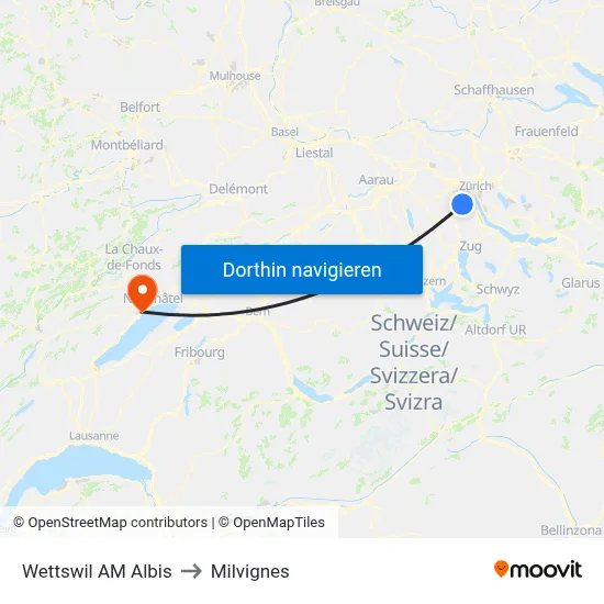 Wettswil AM Albis to Milvignes map