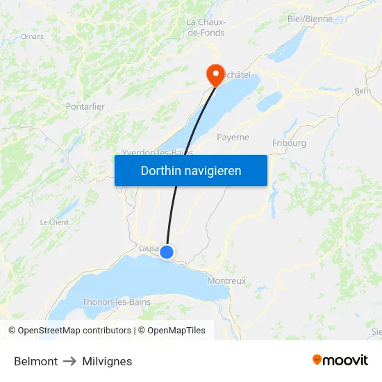 Belmont to Milvignes map