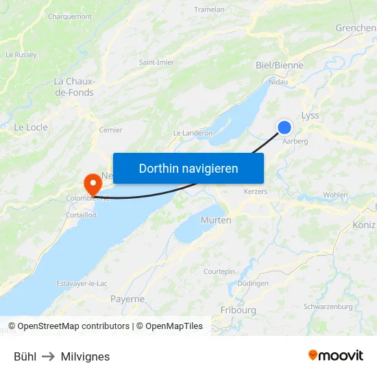 Bühl to Milvignes map