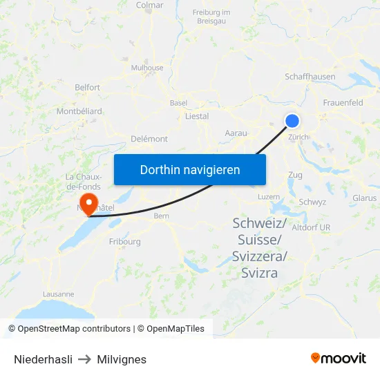Niederhasli to Milvignes map