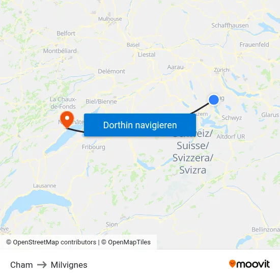 Cham to Milvignes map