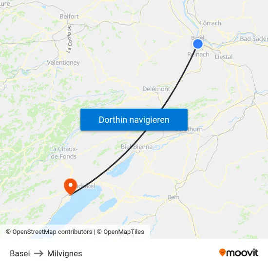 Basel to Milvignes map