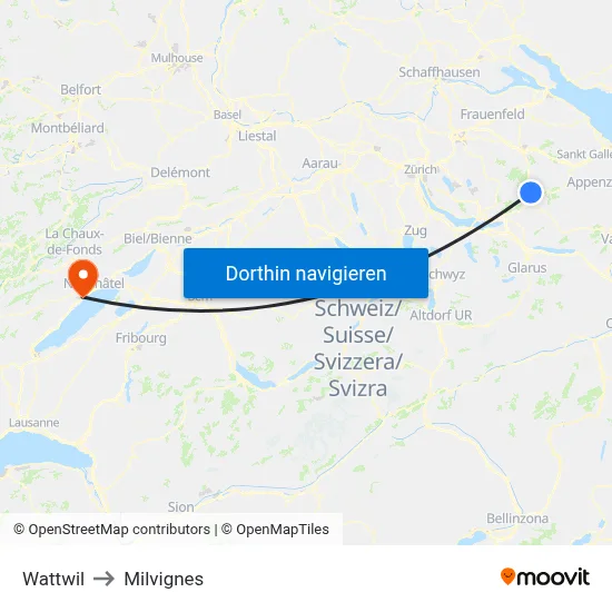 Wattwil to Milvignes map
