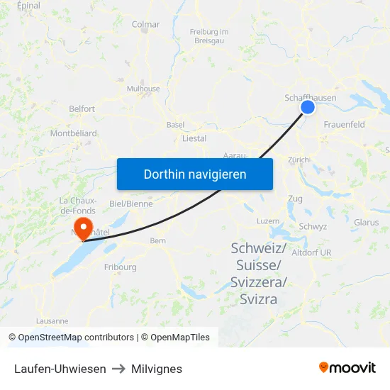 Laufen-Uhwiesen to Milvignes map