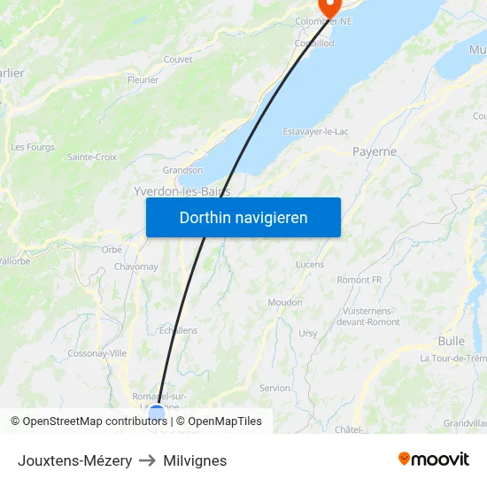 Jouxtens-Mézery to Milvignes map