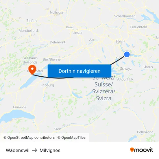 Wädenswil to Milvignes map