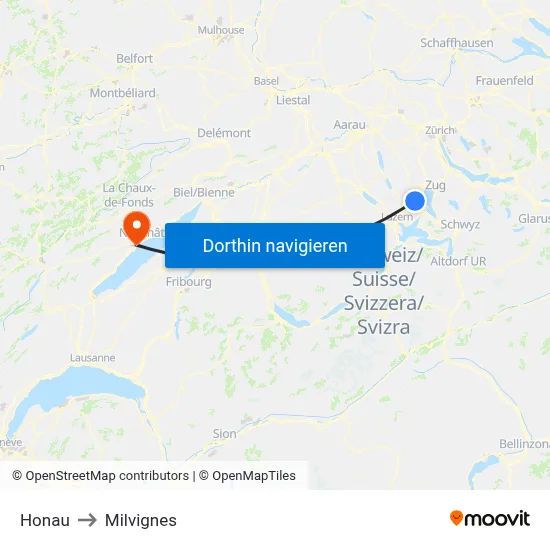 Honau to Milvignes map