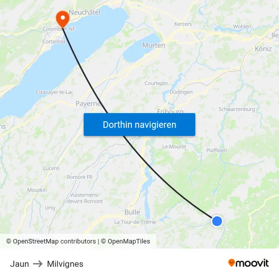 Jaun to Milvignes map
