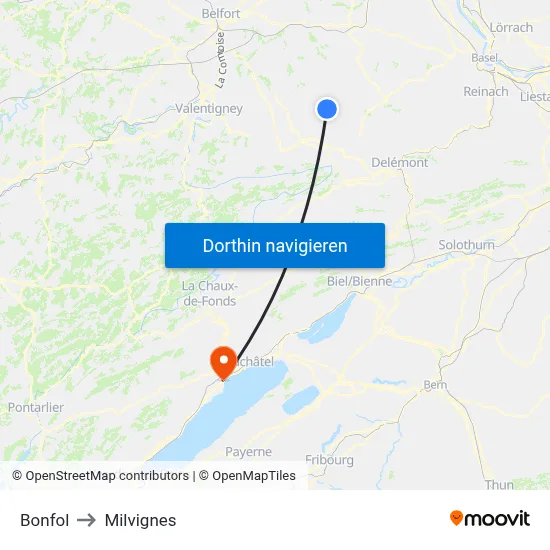 Bonfol to Milvignes map