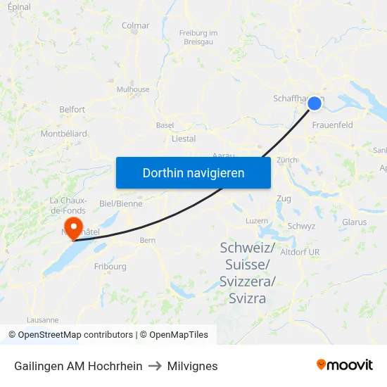 Gailingen AM Hochrhein to Milvignes map