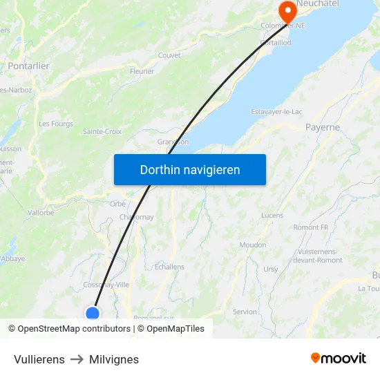 Vullierens to Milvignes map