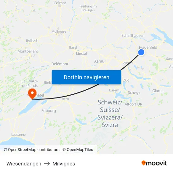 Wiesendangen to Milvignes map