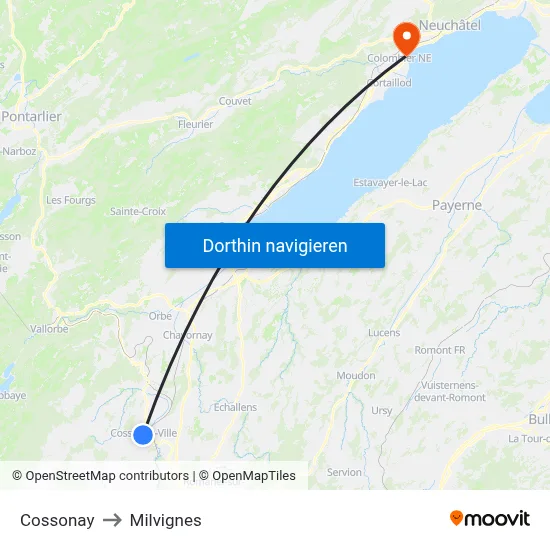 Cossonay to Milvignes map
