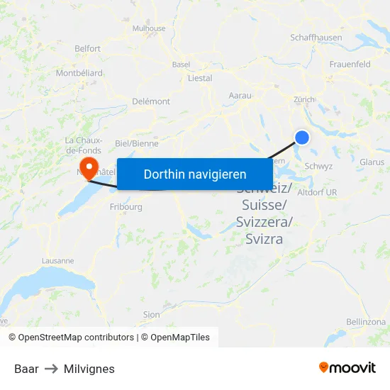 Baar to Milvignes map