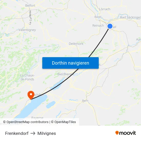 Frenkendorf to Milvignes map