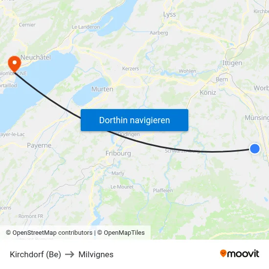 Kirchdorf (Be) to Milvignes map