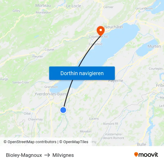 Bioley-Magnoux to Milvignes map