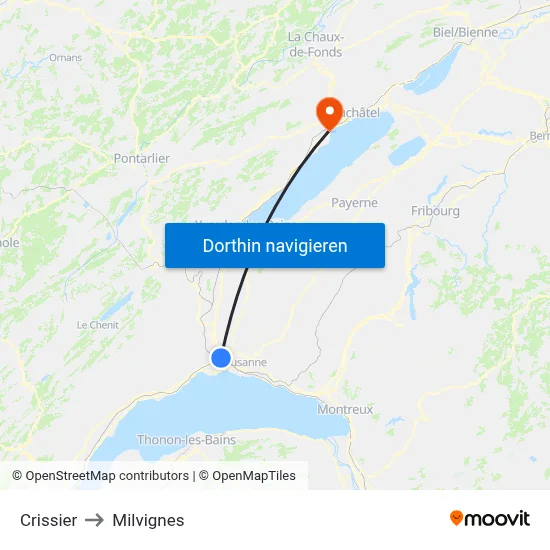 Crissier to Milvignes map