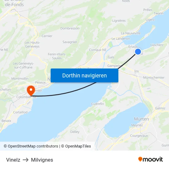 Vinelz to Milvignes map