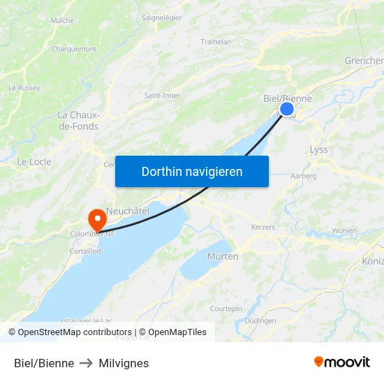 Biel/Bienne to Milvignes map