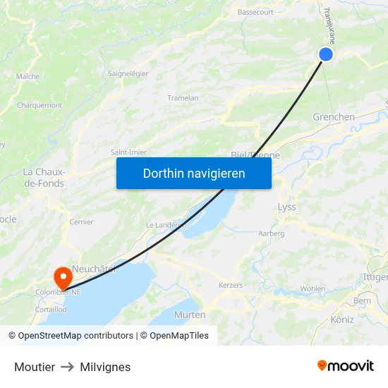 Moutier to Milvignes map