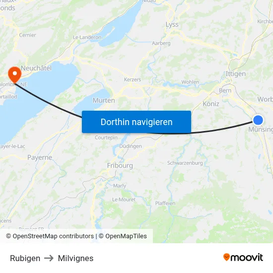 Rubigen to Milvignes map