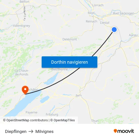 Diepflingen to Milvignes map