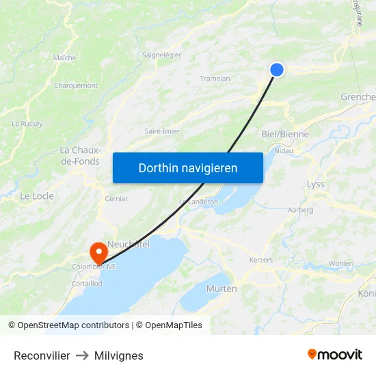 Reconvilier to Milvignes map