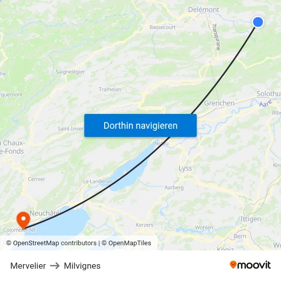 Mervelier to Milvignes map