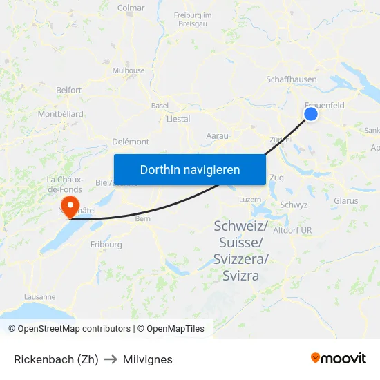 Rickenbach (Zh) to Milvignes map