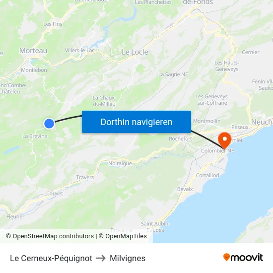 Le Cerneux-Péquignot to Milvignes map
