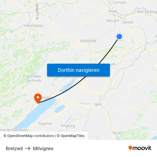 Bretzwil to Milvignes map