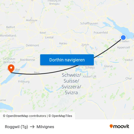 Roggwil (Tg) to Milvignes map