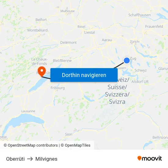 Oberrüti to Milvignes map