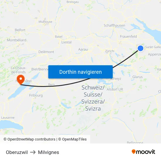 Oberuzwil to Milvignes map
