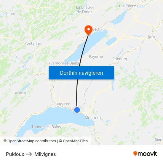 Puidoux to Milvignes map