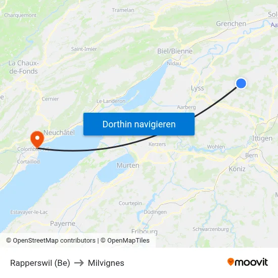 Rapperswil (Be) to Milvignes map