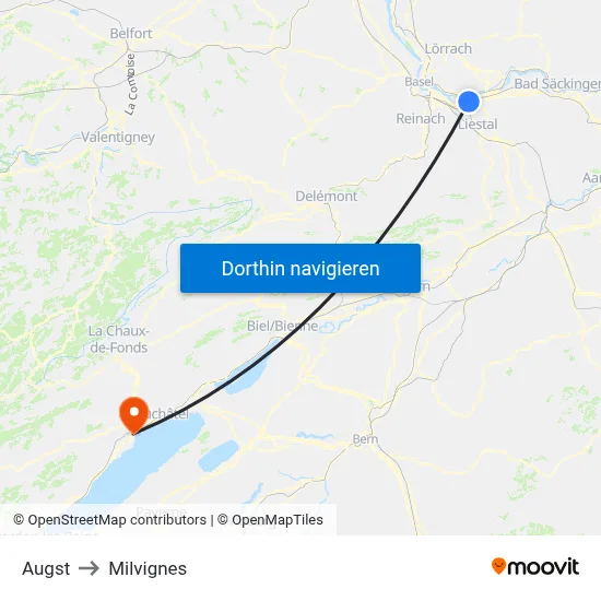 Augst to Milvignes map
