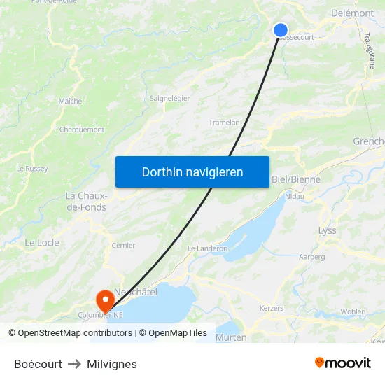 Boécourt to Milvignes map