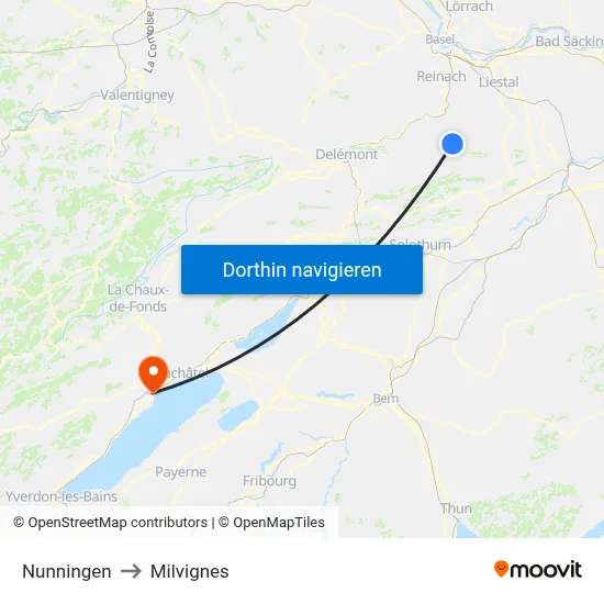 Nunningen to Milvignes map