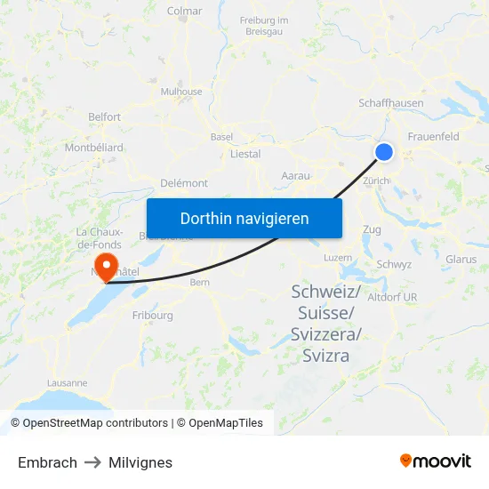 Embrach to Milvignes map